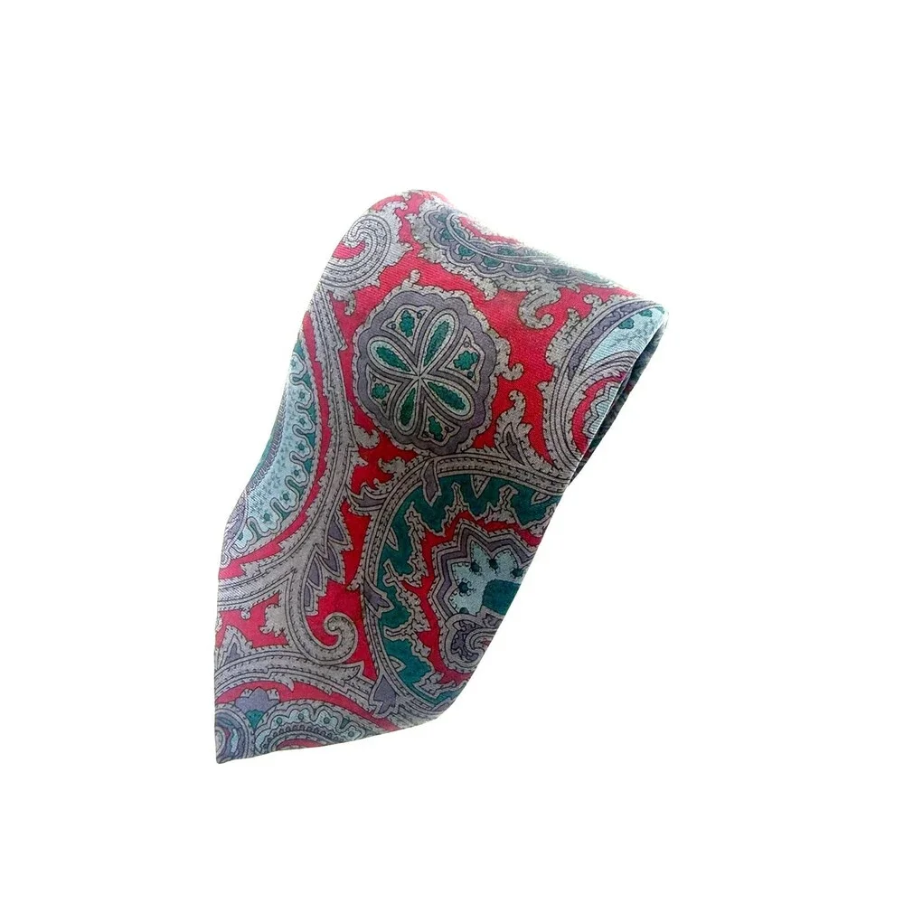 Kenneth Stevens Silk Tie Paisley Red Grey Teal Blue Made in USA Italian Fabric